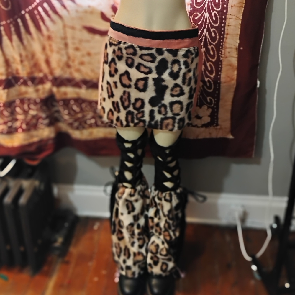 Leopard Fuzzy Print Mini Skirt With Matching Adjustable Boot Covers (Hand Made)